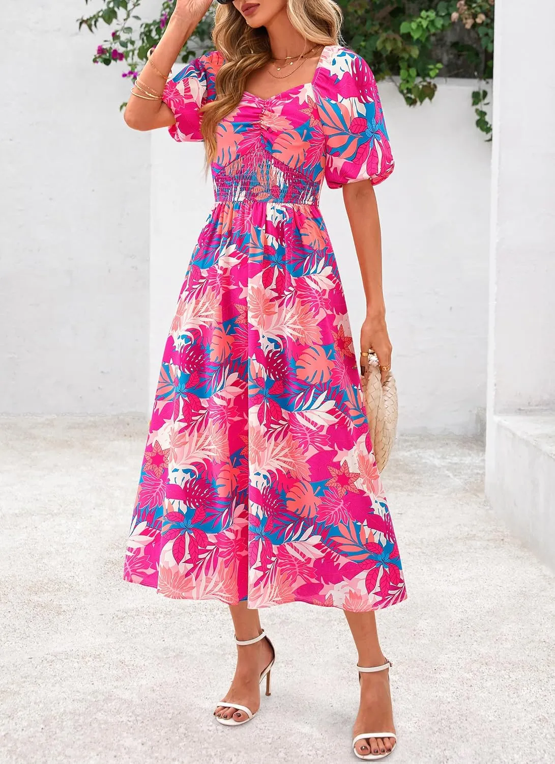 Okiwam Womens Summer Dresses 2025 Spring Floral Maxi Sundress Puff Sleeve Smocked Flowy Beach Vacation Wedding Guest Dress