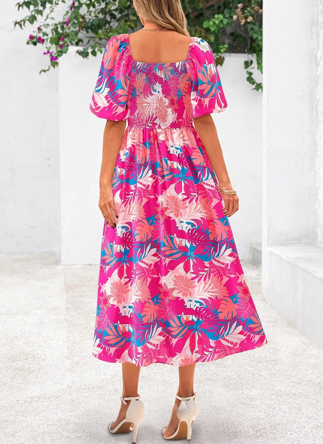 Okiwam Womens Summer Dresses 2025 Spring Floral Maxi Sundress Puff Sleeve Smocked Flowy Beach Vacation Wedding Guest Dress