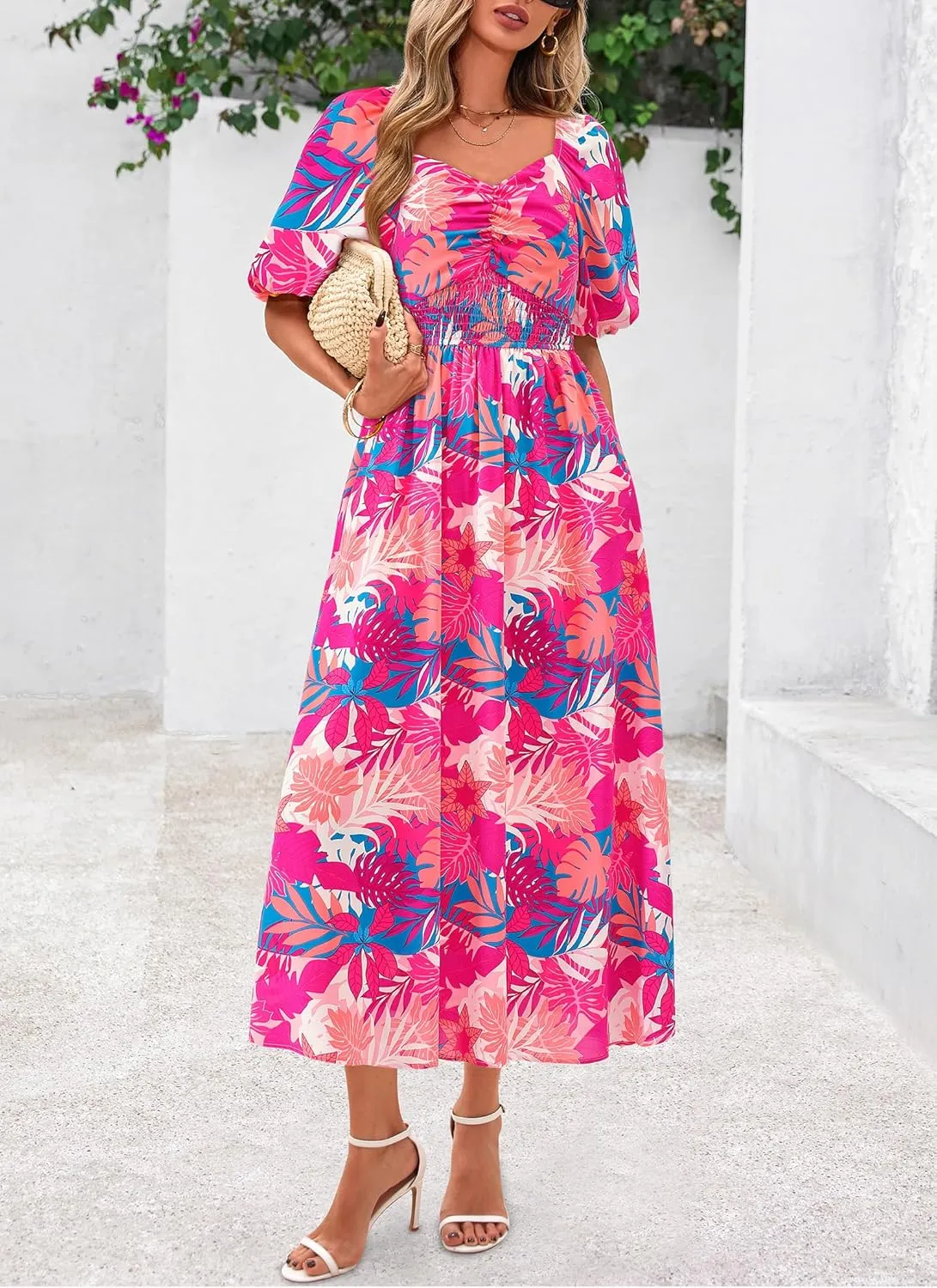 Okiwam Womens Summer Dresses 2025 Spring Floral Maxi Sundress Puff Sleeve Smocked Flowy Beach Vacation Wedding Guest Dress