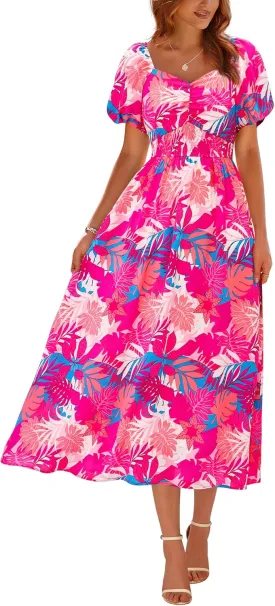 Okiwam Womens Summer Dresses 2025 Spring Floral Maxi Sundress Puff Sleeve Smocked Flowy Beach Vacation Wedding Guest Dress