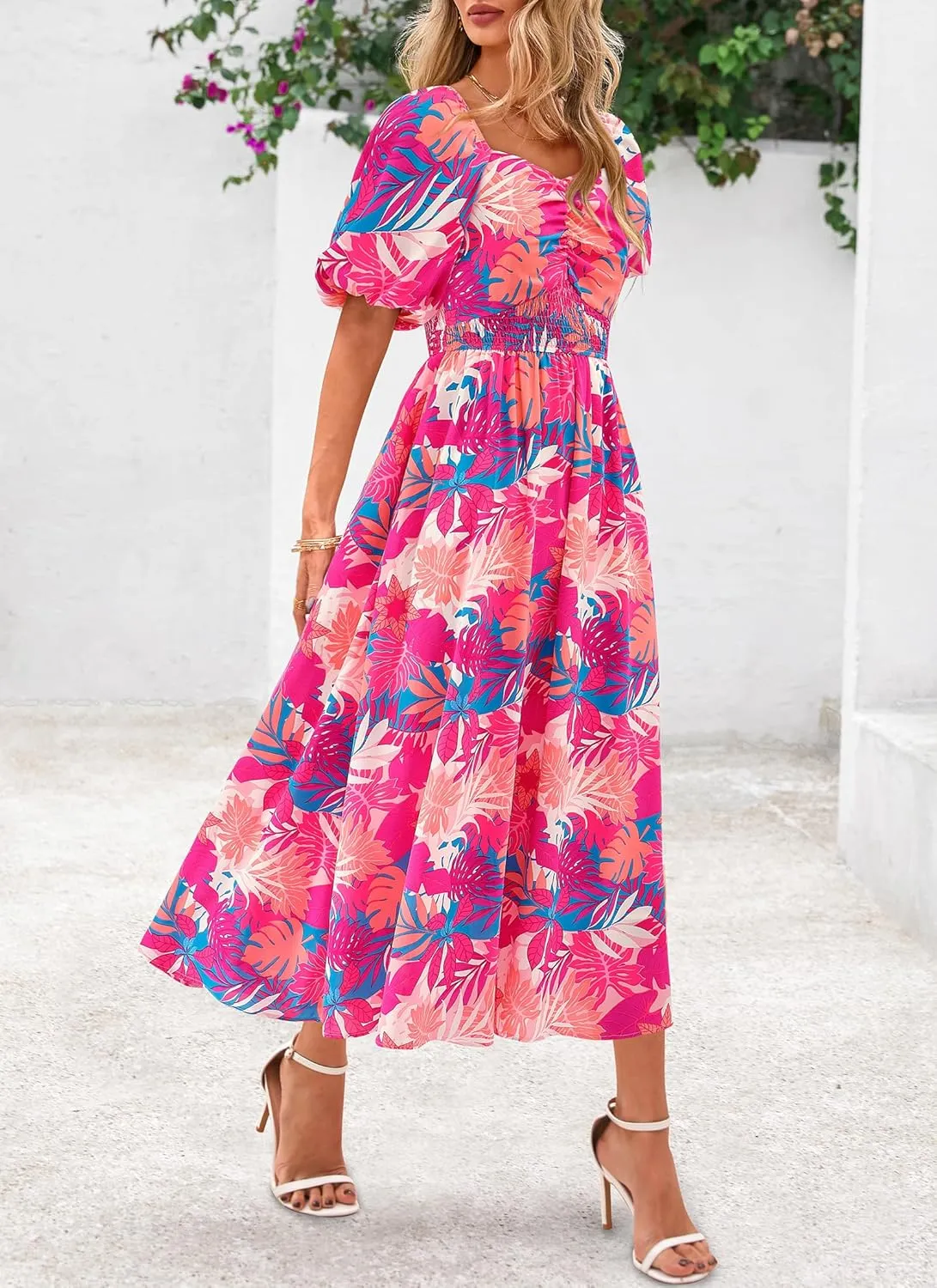 Okiwam Womens Summer Dresses 2025 Spring Floral Maxi Sundress Puff Sleeve Smocked Flowy Beach Vacation Wedding Guest Dress