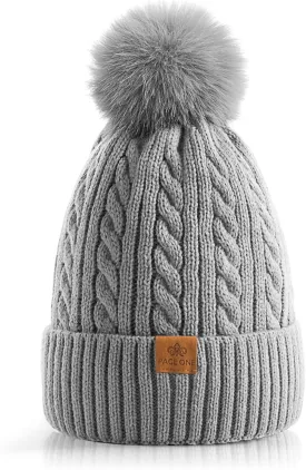 PAGE ONE Women Winter Pom Pom Beanie Hats Warm Fleece Lined,Chunky Trendy Cute Chenille Knit Twist Cap