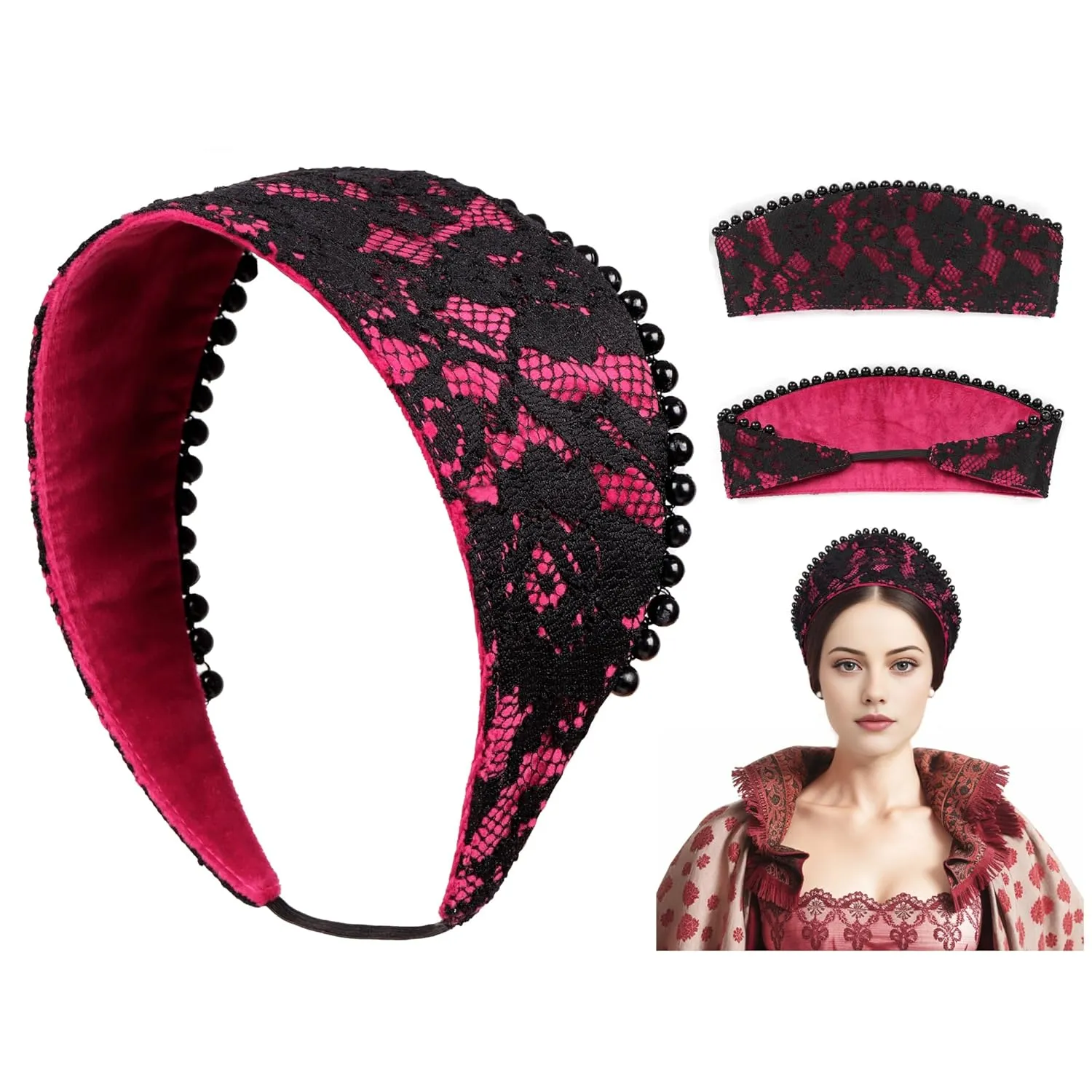 PROCOS Anne Pearl Headband Velvet Tudor French Hood Headpiece Elizabethan Headwear Queen Parr Renaissance Hair Accessory (A-Red)