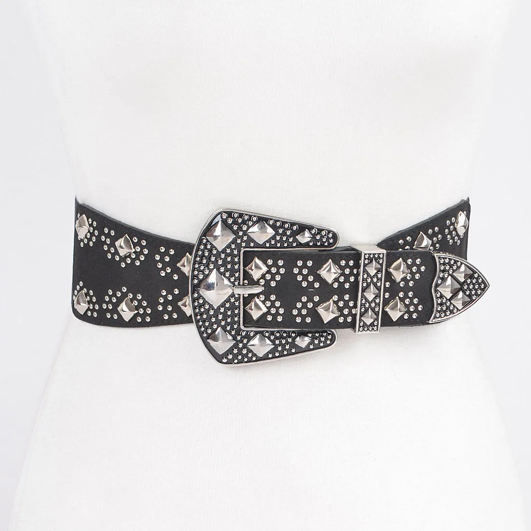 Silver Stud Black Faux Leather Waist Belt