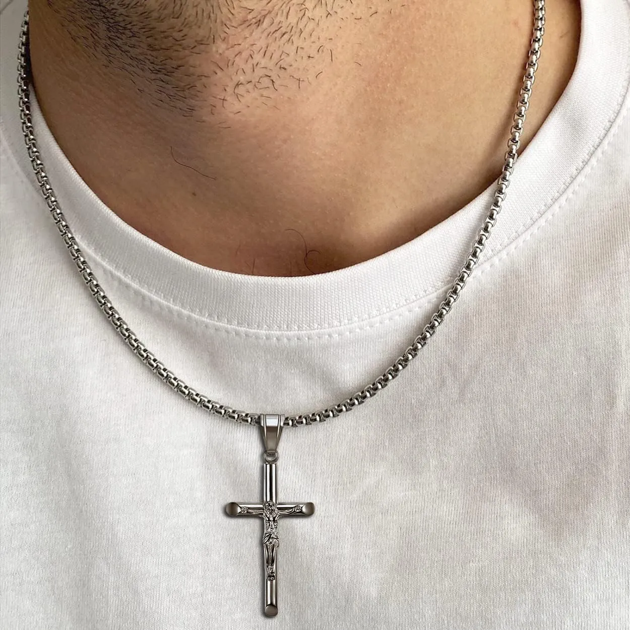 Sonateomber Holy Cross Pendant Necklace for Men Women - Catholic Christian Chunky Stainless Steel Hypoallergenic Chain Thanksgiving Christmas Family Jewelry Gift