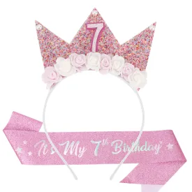 SuPoo 7th Birthday Crown and Sash - Pink Birthday Headband with Crown and Sash for 7 Year Old Girls