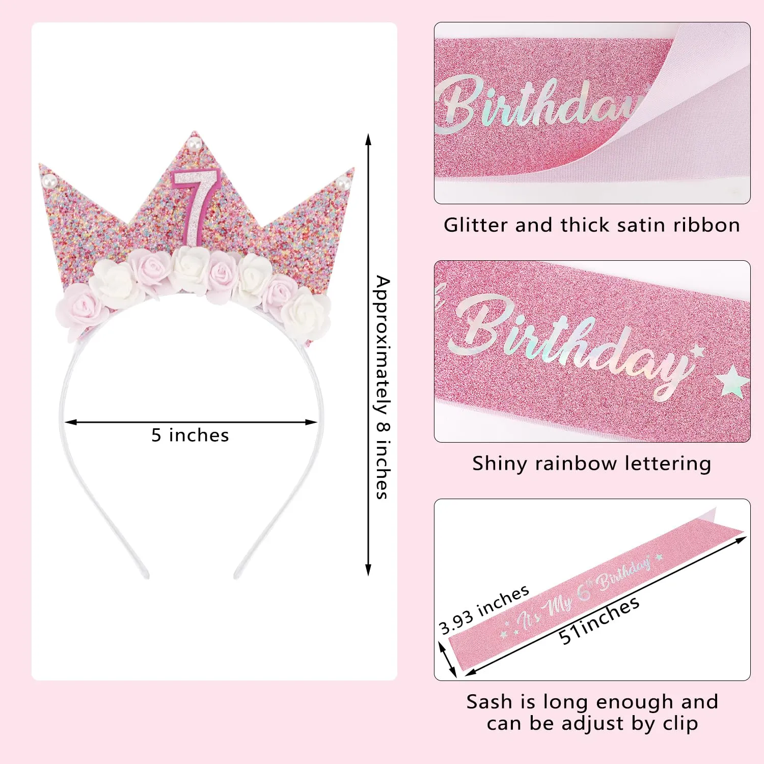 SuPoo 7th Birthday Crown and Sash - Pink Birthday Headband with Crown and Sash for 7 Year Old Girls