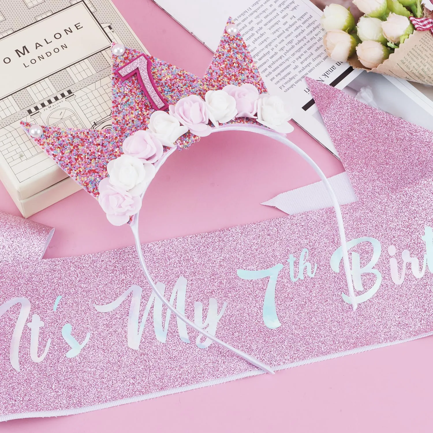 SuPoo 7th Birthday Crown and Sash - Pink Birthday Headband with Crown and Sash for 7 Year Old Girls