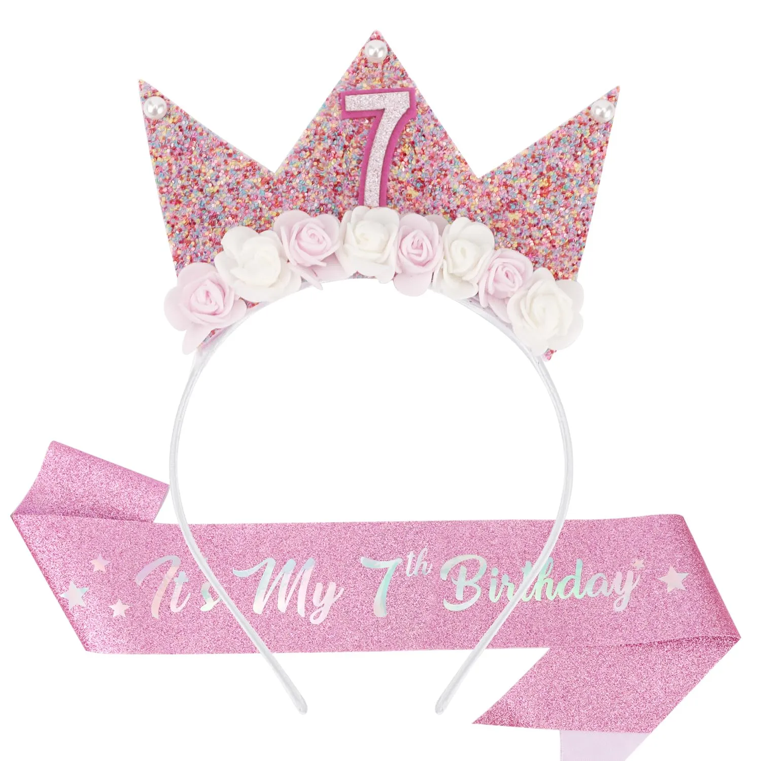 SuPoo 7th Birthday Crown and Sash - Pink Birthday Headband with Crown and Sash for 7 Year Old Girls