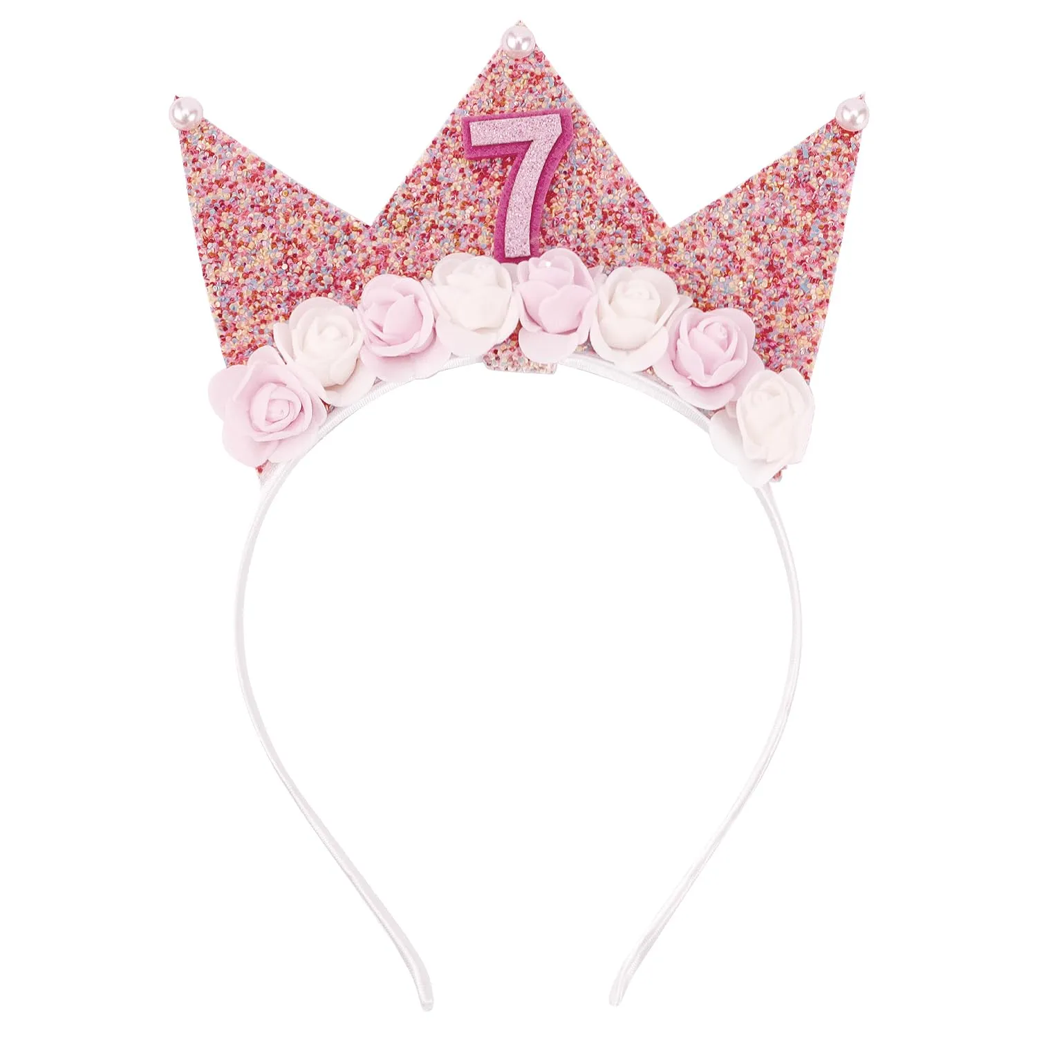 SuPoo 7th Birthday Crown and Sash - Pink Birthday Headband with Crown and Sash for 7 Year Old Girls