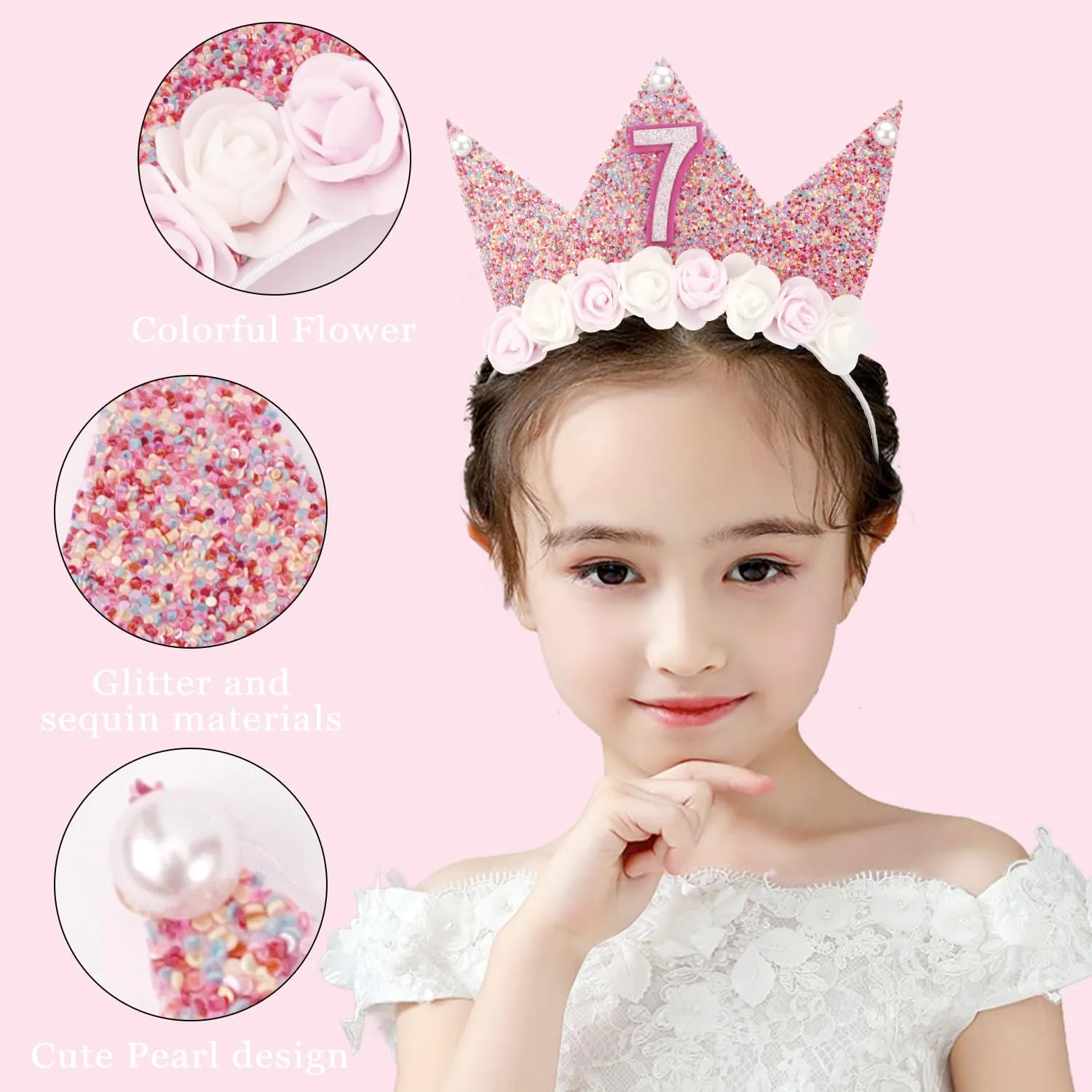 SuPoo 7th Birthday Crown and Sash - Pink Birthday Headband with Crown and Sash for 7 Year Old Girls