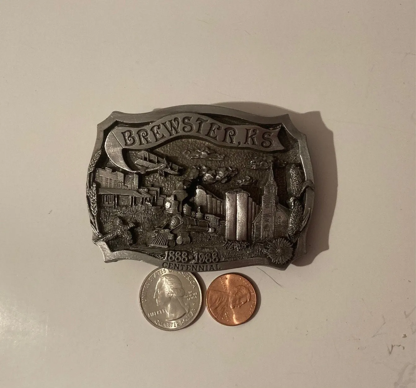 Vintage 1988 Pewter Metal Belt Buckle, Brewster, Kansas, Centennial, Country & Western, Western Wear, Quality, Made in USA, Heavy Duty