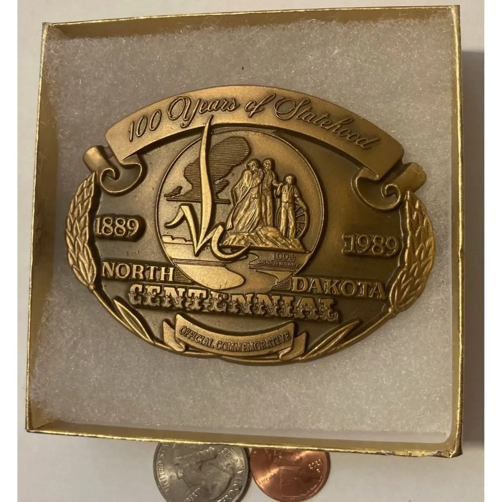 Vintage 1989 Metal Belt Buckle, Brass, North Dakota Centennial, Nice Design