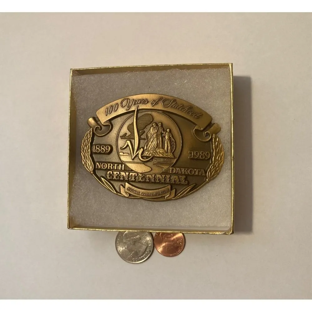 Vintage 1989 Metal Belt Buckle, Brass, North Dakota Centennial, Nice Design