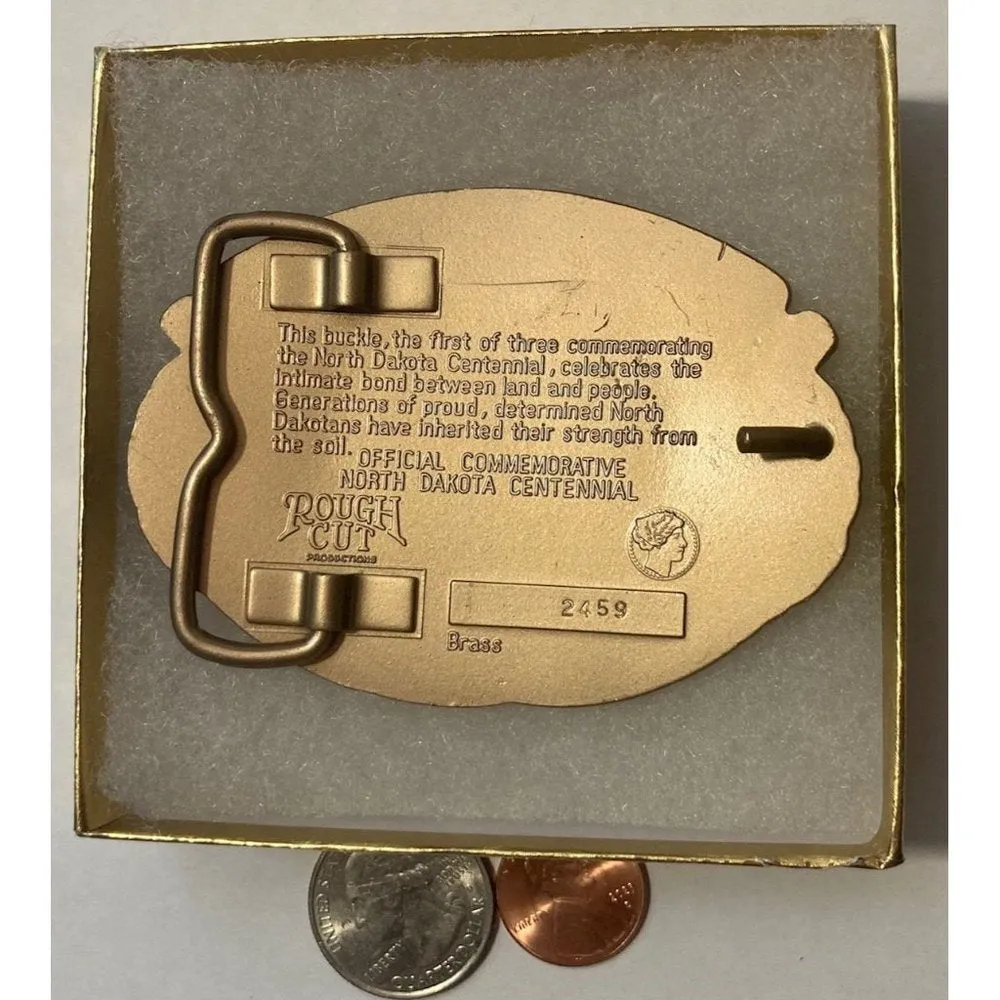 Vintage 1989 Metal Belt Buckle, Brass, North Dakota Centennial, Nice Design