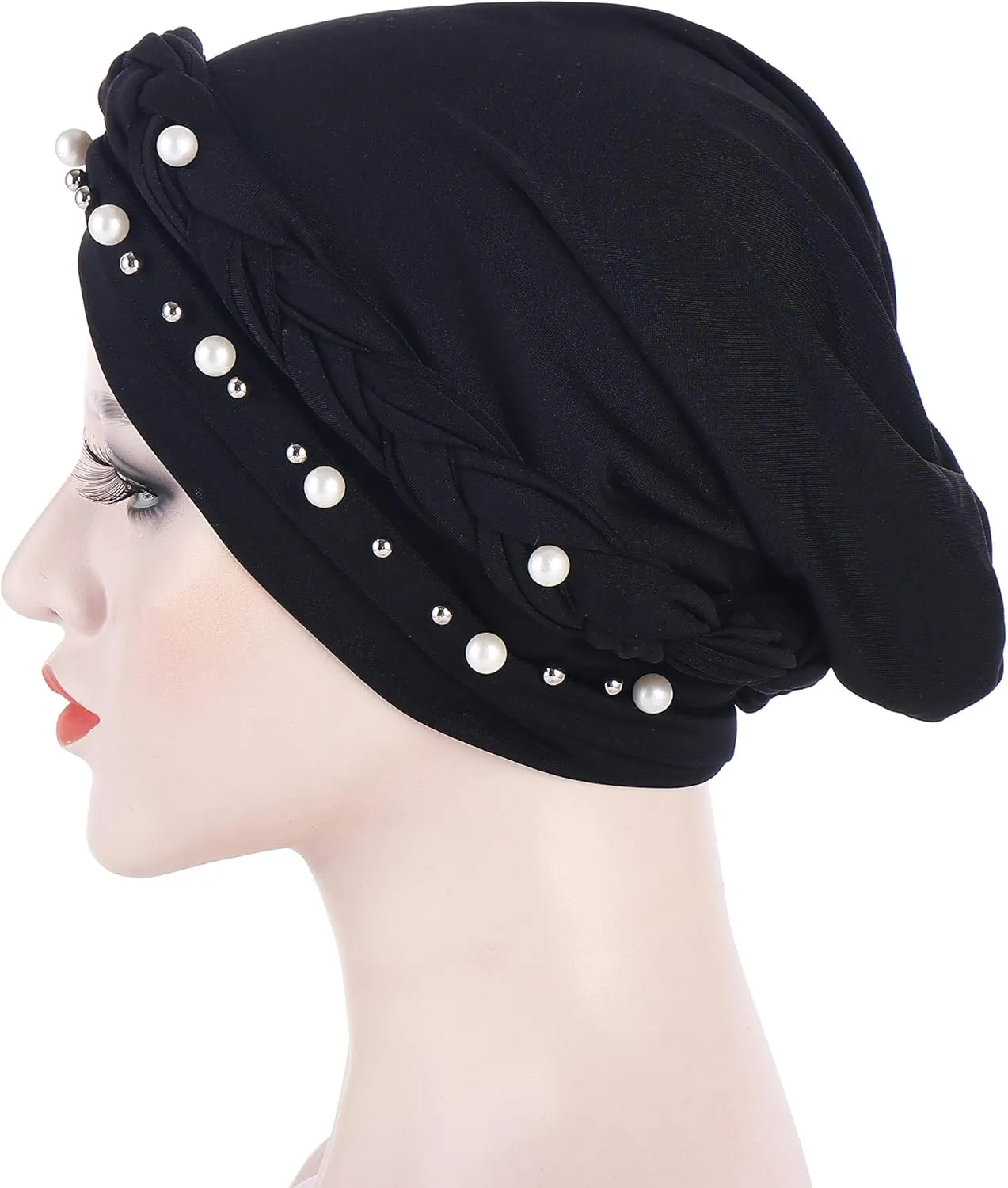 Women Hijab Beading Pearl Braid Turban Hat Head Scarf Cancer Chemo Beanies Bandana Headwrap Cap