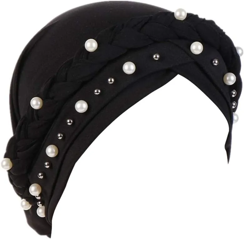 Women Hijab Beading Pearl Braid Turban Hat Head Scarf Cancer Chemo Beanies Bandana Headwrap Cap