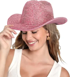 Women Rodeo-Western Felt-Cowboy-Hat Bling-Rhinestone-Decor Glitter-Disco-Ball Cowgirl-Hat Diamond Roll-Up-Brim Fedora Medium