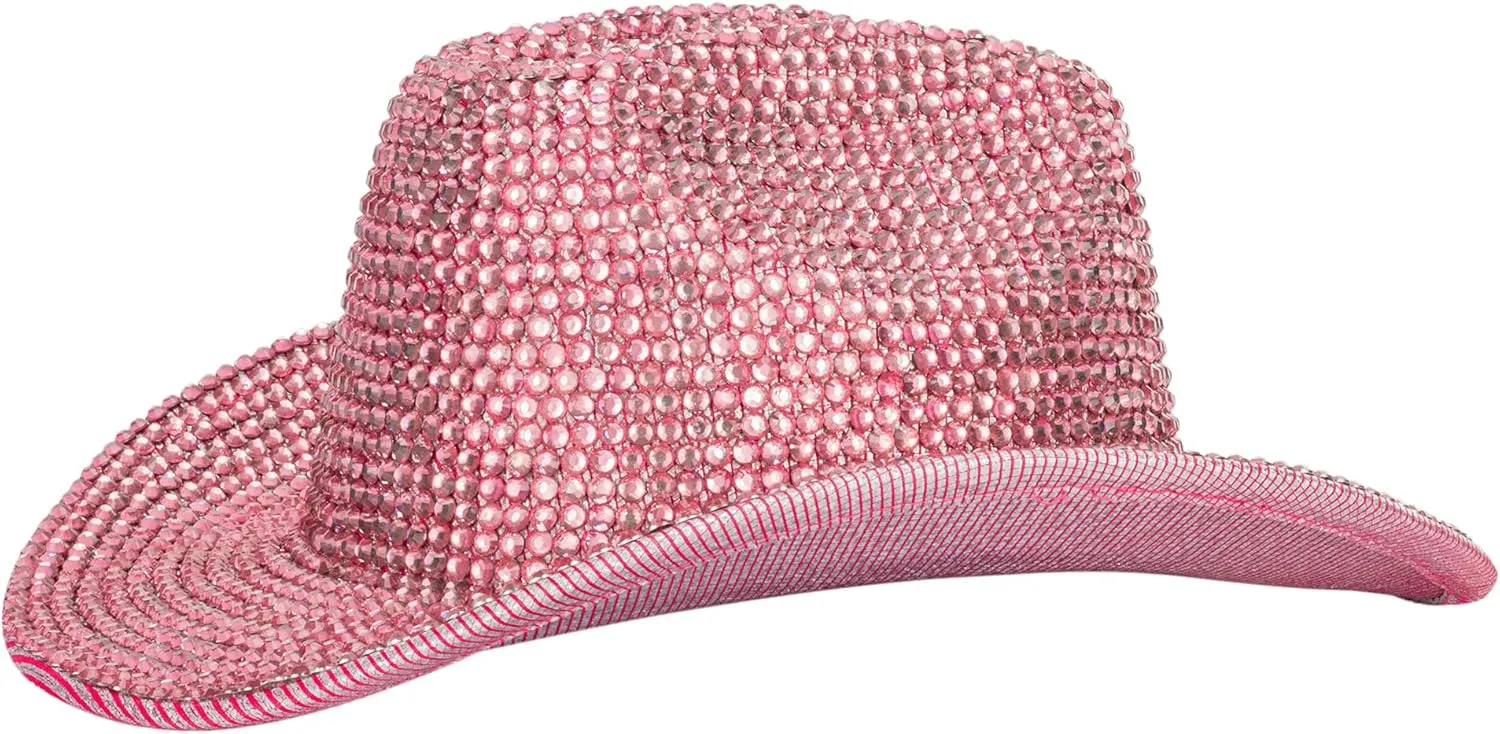 Women Rodeo-Western Felt-Cowboy-Hat Bling-Rhinestone-Decor Glitter-Disco-Ball Cowgirl-Hat Diamond Roll-Up-Brim Fedora Medium
