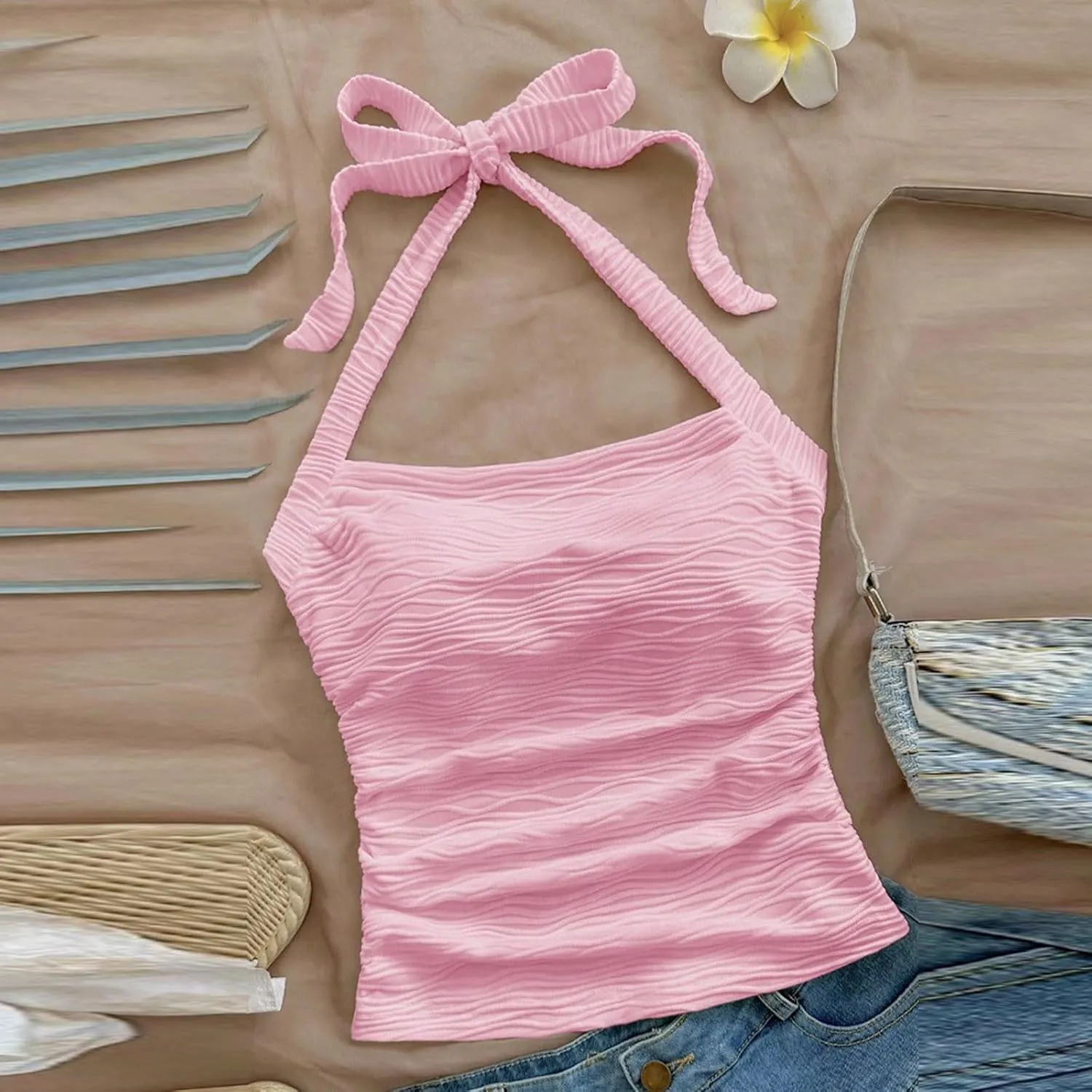 Women's Ruched Halterneck Y2K Crop Tops Tie Back Sleeveless Slim Fit Cami Top Teen Girls Textured Square Neck Shirts