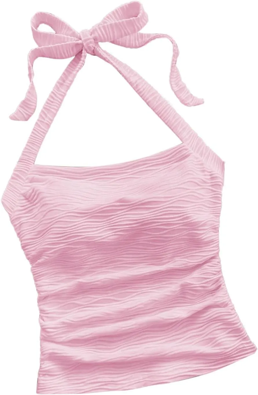 Women's Ruched Halterneck Y2K Crop Tops Tie Back Sleeveless Slim Fit Cami Top Teen Girls Textured Square Neck Shirts