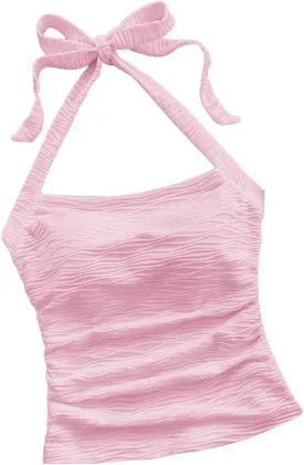 Women's Ruched Halterneck Y2K Crop Tops Tie Back Sleeveless Slim Fit Cami Top Teen Girls Textured Square Neck Shirts