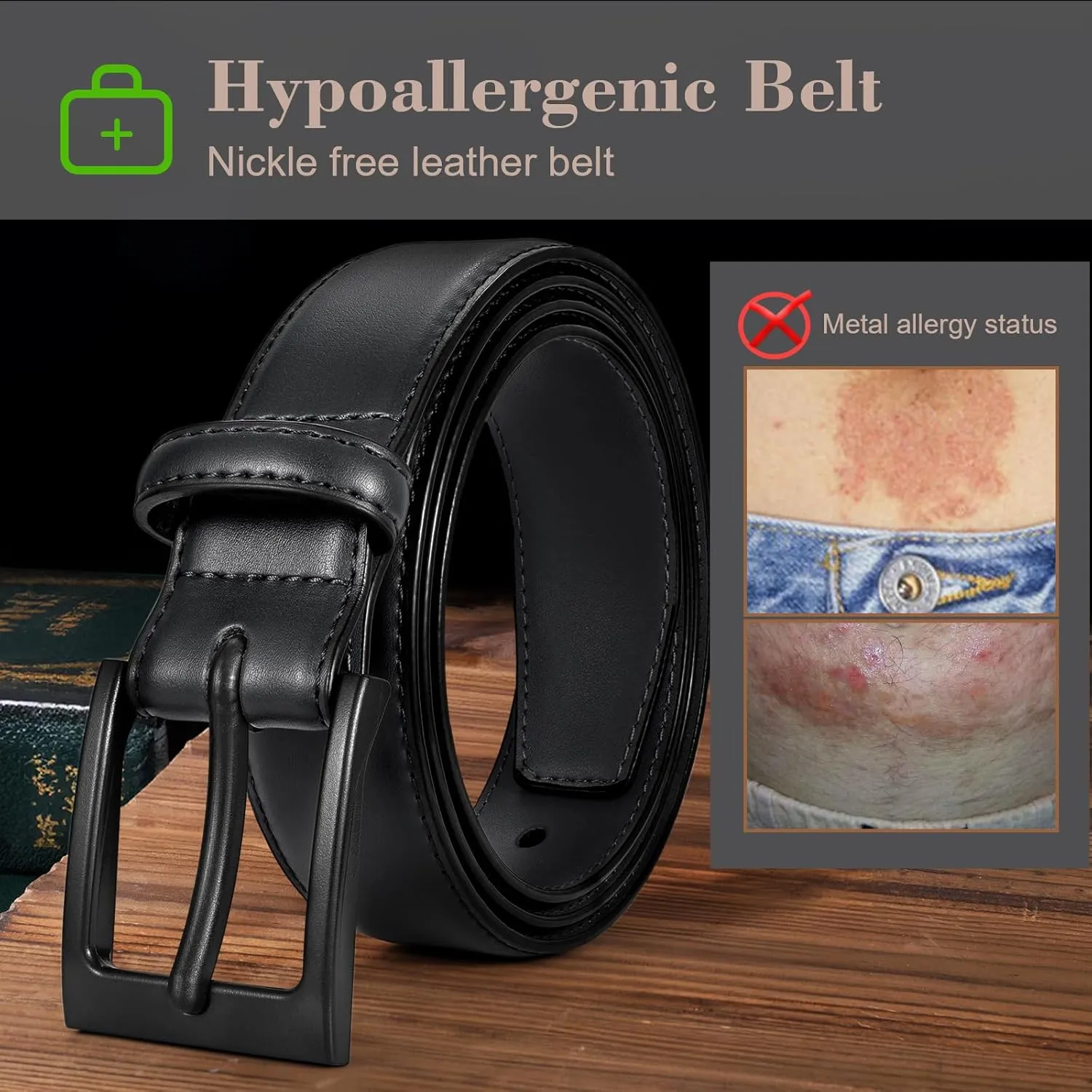 XZQTIV TSA Belt For Men Metal Free Dress Belts Hypoallergenic Leather Belt With Black Buckle Nickle Free