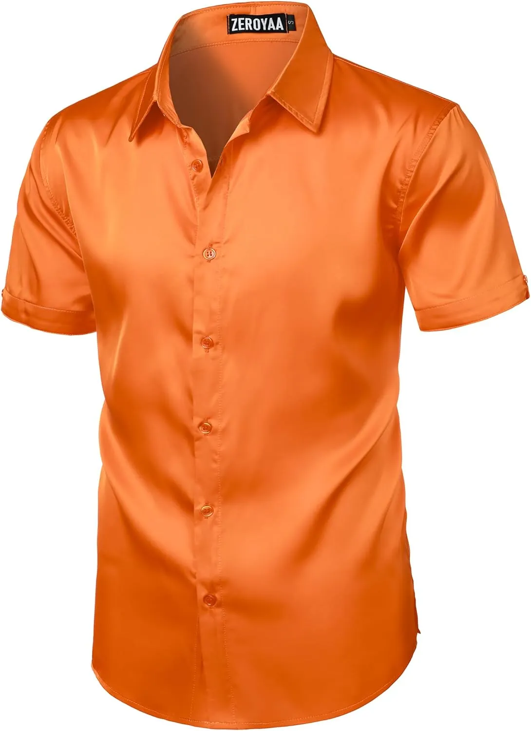 ZEROYAA Men's Hipster Shiny Silk Satin Shirt Regular Fit Short Sleeve Casual Button Down Dress Shirts for Summer Party