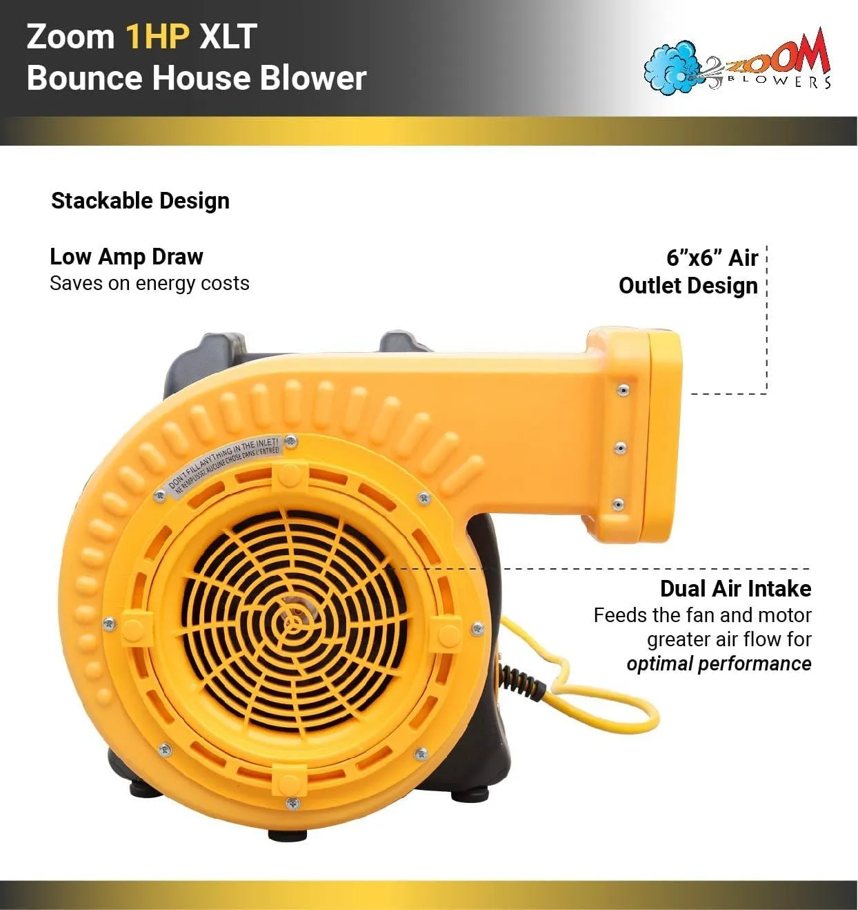 Zoom Blowers XLT Inflatable Bounce House Blower for Bouncy Jump Castle, Water Slides, and Obstacle Course, Electric, Energy Efficient, Low Amp Draw, Commercial-Grade
