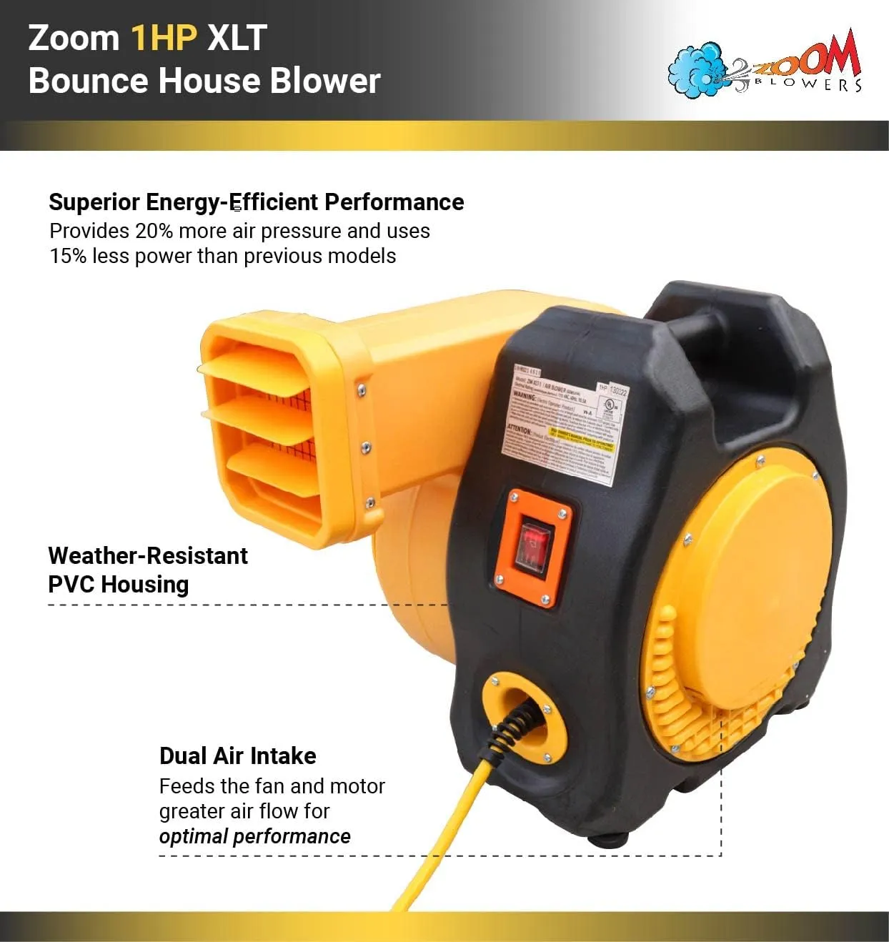 Zoom Blowers XLT Inflatable Bounce House Blower for Bouncy Jump Castle, Water Slides, and Obstacle Course, Electric, Energy Efficient, Low Amp Draw, Commercial-Grade